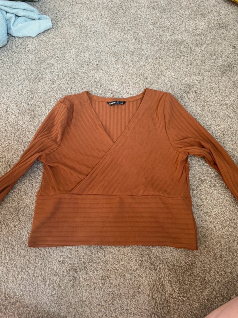 SHEIN Rust Ribbed Wrap V-Neck Sweater
